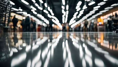 A low angle view of a shiny floor in a shopping center with blurred lights and people.