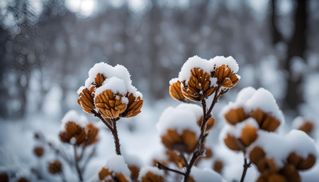 A close-up photo of a dried flower branch covered in snow, capturing the beauty of winter's delicate touch.の写真素材