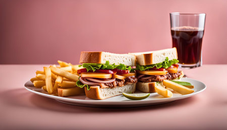 Two sandwiches with fries and a drink on a pink table.