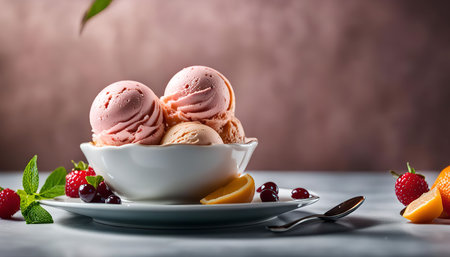 A close-up of a bowl of pink ice cream with fresh strawberries, lemon, and cherries.