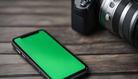 A camera and a smartphone with a green screen are placed on a wooden surface. The camera is slightly...