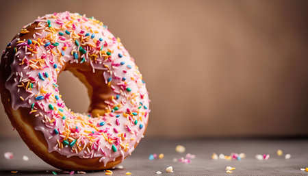 A freshly baked donut covered in pink glaze and colorful sprinkles, a sweet treat for any occasion.の写真素材