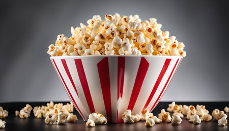 A bowl of popcorn with red and white stripes, against a dark background.の写真素材