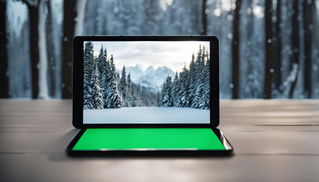 A tablet screen displays a scenic winter landscape of snow-covered mountains and trees, with a...