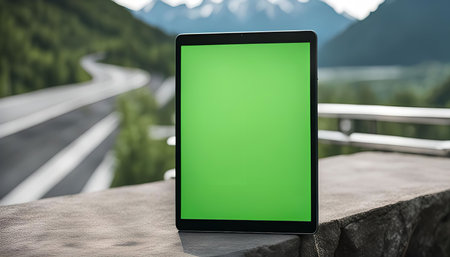 A tablet with a green screen stands on a stone ledge overlooking a winding mountain road. The road leads towards a distant mountain range, while the tablet's screen provides a blank canvas for any creative vision.の写真素材