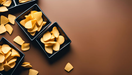 A close-up image of potato chips in black square bowls on a brown background. The chips are arranged...