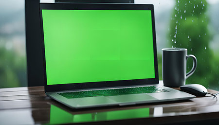 A laptop with a green screen, a mug and a mouse on a wooden table. The window is blurred and shows raindrops falling down, creating a peaceful and calm atmosphere.の写真素材