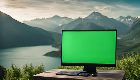 A computer monitor with a green screen is placed on a wooden table in front of a stunning mountain...