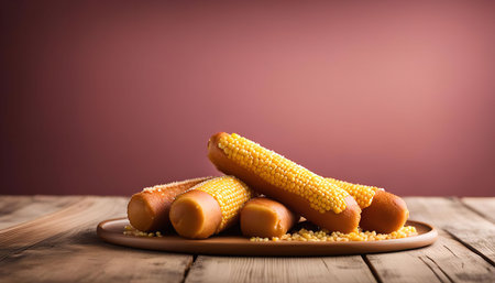 Close up of sweet corn on the cob on a wooden plate
