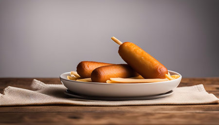 Three golden brown corn dogs are placed on a white plate with cheese, resting on a rustic wooden table with a cloth napkin. This classic American snack is the perfect comfort food for any occasion.の写真素材