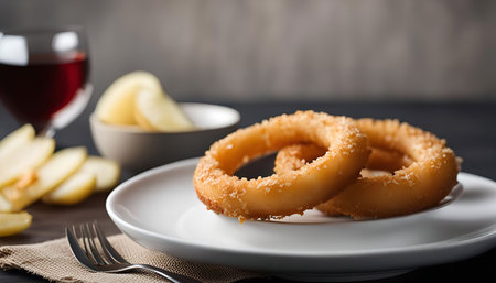 A plate of crispy onion rings on a table with a glass of red wine, a fork and sliced lemon wedges in the background. The onion rings are breaded and fried to a golden brown, giving them a crunchy texture and a savory flavor.の写真素材