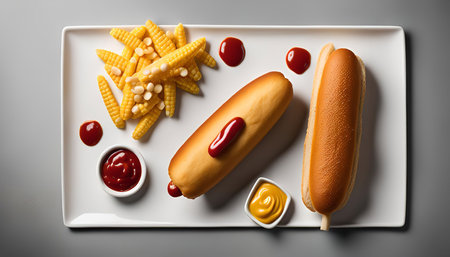 Two hot dogs on a white plate, accompanied by corn kernels, ketchup, and mustard. The hot dogs are grilled to perfection, with the ketchup and mustard providing a delightful flavor contrast. The corn adds a sweet and crunchy element to the meal.の写真素材