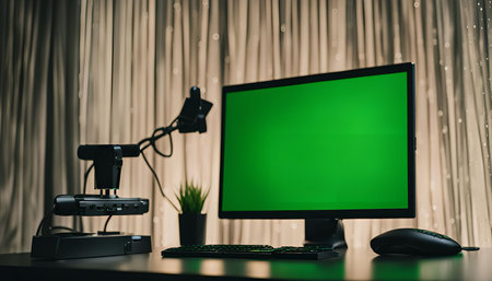 A minimalist computer setup with a green screen monitor, keyboard, mouse, desk lamp, and a microphone. It is perfect for streaming, video editing, or content creation.の写真素材