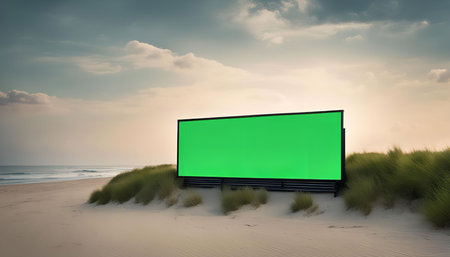 A large green screen billboard stands on a sandy beach, against the backdrop of a golden hour sunset and a calm ocean. The billboard is positioned on top of a dune covered in grass, creating a picturesque setting for displaying advertisement.の写真素材