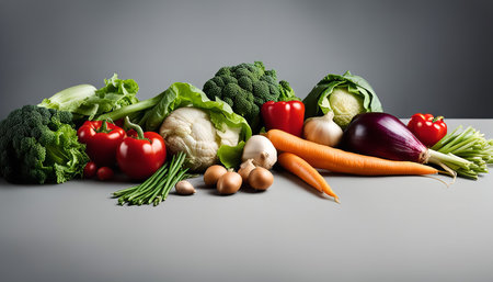 A selection of fresh vegetables arranged on a gray background. The vegetables include broccoli, cabbage, tomatoes, carrots, onions, garlic, and lettuce.の写真素材