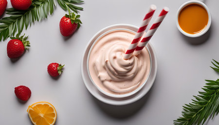 A close-up shot of a strawberry smoothie in a white bowl, topped with whipped cream. The smoothie is surrounded by fresh strawberries and a small bowl of caramel syrup.の写真素材