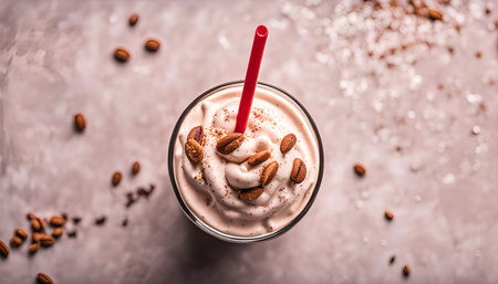 Top view of a delicious milkshake with whipped cream, nuts and a red straw.の写真素材