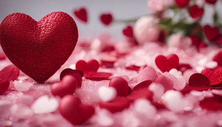A close up shot of a red heart shape standing in a field of red and pink heart shapes on a pink background.の写真素材