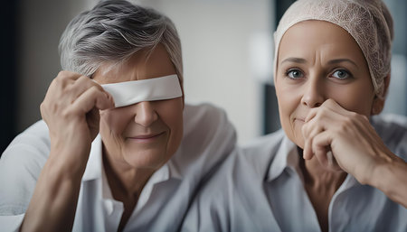 Two women, one in a headscarf, stand close together smiling gently.の写真素材