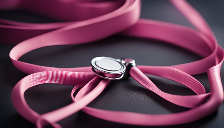 A pink lanyard with a stethoscope attached lies on a dark background. The lanyard is made of a soft fabric material and the stethoscope is made of silver metal. The image is a close-up shot with a macro lens.の写真素材