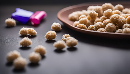 A plate of sweet and crunchy candy, with some scattered on a gray surface.の写真素材