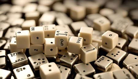 A close-up image of a pile of dice, showing the intricate details and the classic nature of these gaming tools.の写真素材