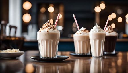 A close-up shot of three milkshakes on a wooden table in a cafe. One milkshake is chocolate, while...