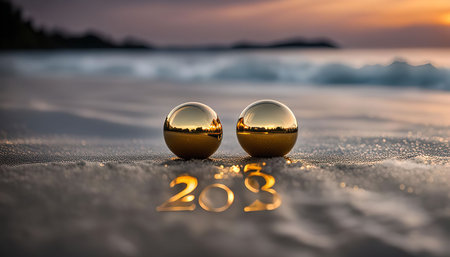 Two golden spheres, reflecting the sunrise and beach, sit on wet sand with a blurry background. The...