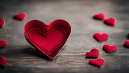 A single large red heart sits on a wooden surface, surrounded by smaller red hearts. The image is a...