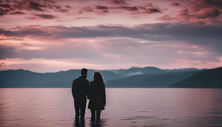 Couple in love standing on the shore of a lake at sunsetの写真素材
