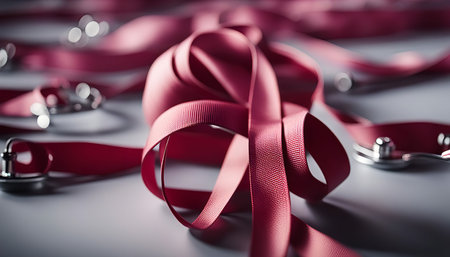 A close-up shot of red satin ribbons with metal clasps, showing their texture and shine. The ribbons are arranged in a delicate and intricate way, creating a visually appealing composition.の写真素材
