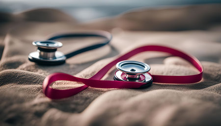 A pink ribbon and a stethoscope form a heart shape, symbolizing heart health and awareness. The image is a powerful representation of love, care, and support for heart health.の写真素材
