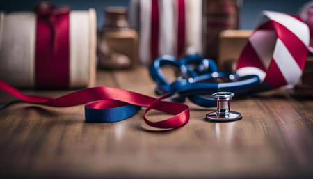 A close-up shot of a stethoscope on a wooden table with red and blue ribbons in the background.の写真素材