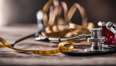 Close-up image of a stethoscope and a measuring tape, representing the concept of health and wellness.の写真素材