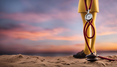 A stethoscope on a beach at sunset, with a beautiful sky in the background.の写真素材