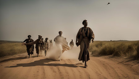 A group of people runs on a dirt road in a desert landscape. They are running away from something, or maybe towards something. The dust is kicking up behind them, and the sky is a clear blue.の写真素材