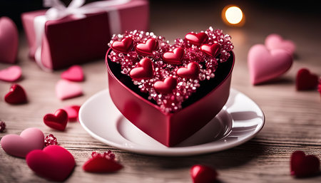 Close-up shot of a romantic Valentine's Day gift with a heart-shaped box filled with red chocolates. The box is sitting on a white saucer on a wooden table surrounded by other small hearts and gift boxes, all in shades of pink and red.の写真素材