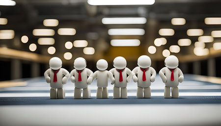 A group of white figures with red ties standing together in a row, representing teamwork and collaboration.の写真素材