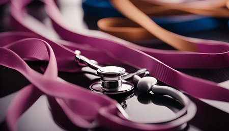 A close-up shot of a silver stethoscope on a pink lanyard. The stethoscope is lying on a reflective surface, and the lanyard is wrapped around it.の写真素材