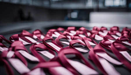 A close-up shot of a table covered with red ribbons arranged in rows. The ribbons are tied in bows and look elegant and festive.の写真素材