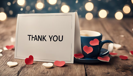 A white card with the words 'Thank You' displayed on it, with a cup of coffee and decorative hearts around it. It conveys a sense of love and gratitude.の写真素材