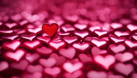 A close-up shot of a single red heart standing out from a background of blurred pink heartsの写真素材