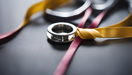 A silver metal ring with a hole in the middle, surrounded by red and yellow ribbons on a gray background.の写真素材