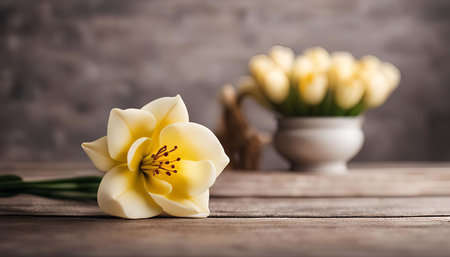 A single white flower with yellow center and green stem laying on a rustic wooden table. A vase with...