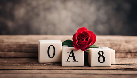 A single red rose with green leaves sits on a rustic wooden surface next to white blocks spelling...