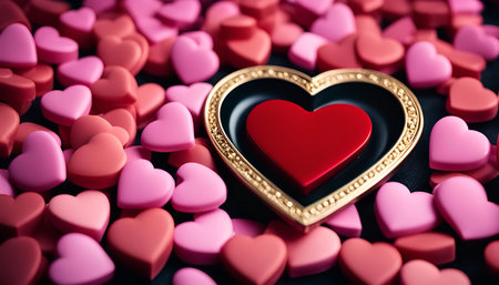 A single red heart sits in a golden frame, surrounded by pink and red hearts, creating a romantic and festive background.の写真素材
