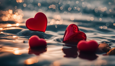 Four red glass heart shaped objects float in a body of water reflecting the warm sunset.の写真素材