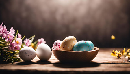 A close-up view of colorful Easter eggs arranged in a wooden bowl, surrounded by pastel pink flowers...