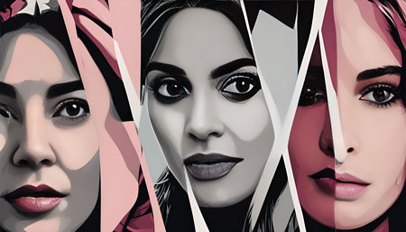 A collage of three women's faces. Each woman is looking directly at the viewer with a neutral expression. The collage is done in a digital style with a modern, abstract feelの写真素材