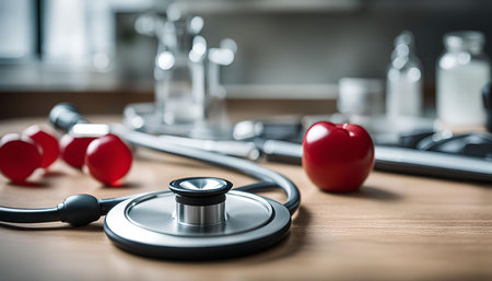 A close up shot of a stethoscope, a red apple and pills on a wooden surface, symbolizing healthy living and medical care.の写真素材